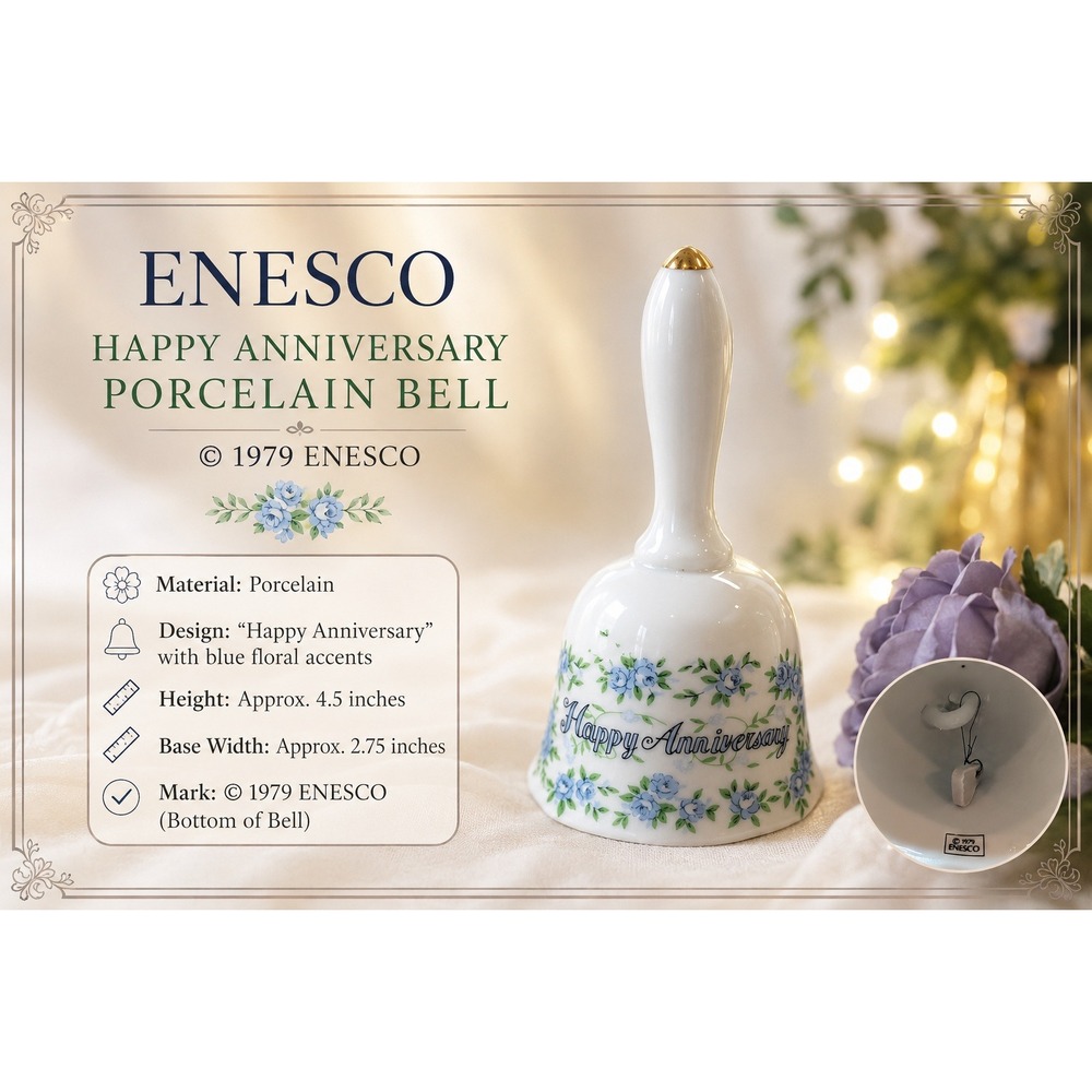 Vintage 1979 Enesco Happy Anniversary Porcelain Bell Blue Floral Gold Trim 4.25"